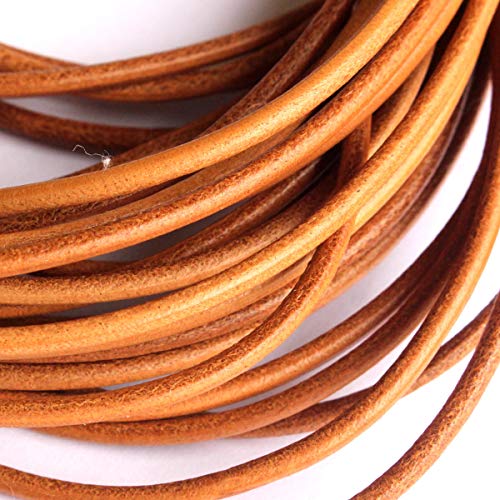 3mm Round Genuine Leather Strip Cord Black Erth Color Braiding String Firt Large Hole Gemstone Beads (11 Yards) (Earth Yellow, 3mm)