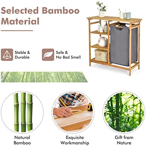 COSTWAY Bamboo Laundry Basket with Removable Pull-Out Bag and Storage Shelf, Floor Washing Dirty Clothes Hamper, Bathroom Laundry Bin Sorter Organiser Unit (with 3 Tier Side Shelves)