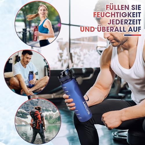 AOPREL Trinkflasche 1L Sport Trinkflasche Wasserflasche Auslaufsicher Trinkflaschen BPA Frei Sportflasche mit Kapazitätsskala für Die Outdoor, Schule, Camping