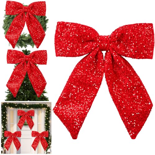 Hungdao 23.6 Inch Large Velvet Sequin Christmas Bow Outdoor Decorations Fabric Christmas Bows with Stuffed for Wreaths Garland Tree Topper Stairs, Railing, Porch(Red Color)