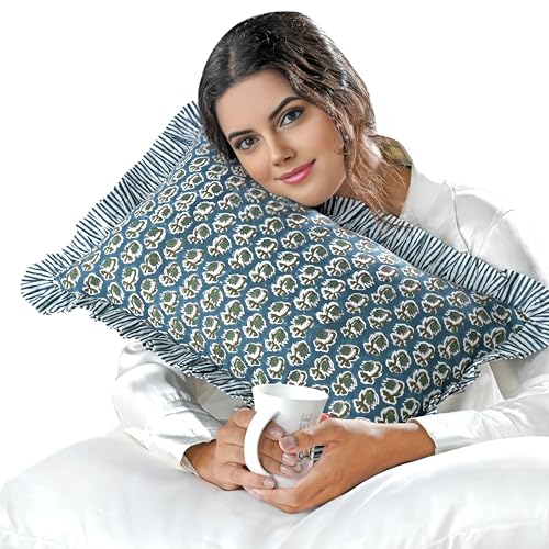 Ridhi Block Print Peacock Blue 20"x12" Set 1-100% Cotton Ruffle Lumbar Sham Cover Boho Floral Pillowcase, Farmhouse Cottagecore Bedding, Soft Decorative Cover Gift for Spring, Easter, Valentine
