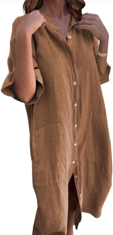 LOAIHA Womens Plus Size Casual Button Down Front Cotton Linen Long Sleeve Maxi Dress Beach Shirt Dresses for Women