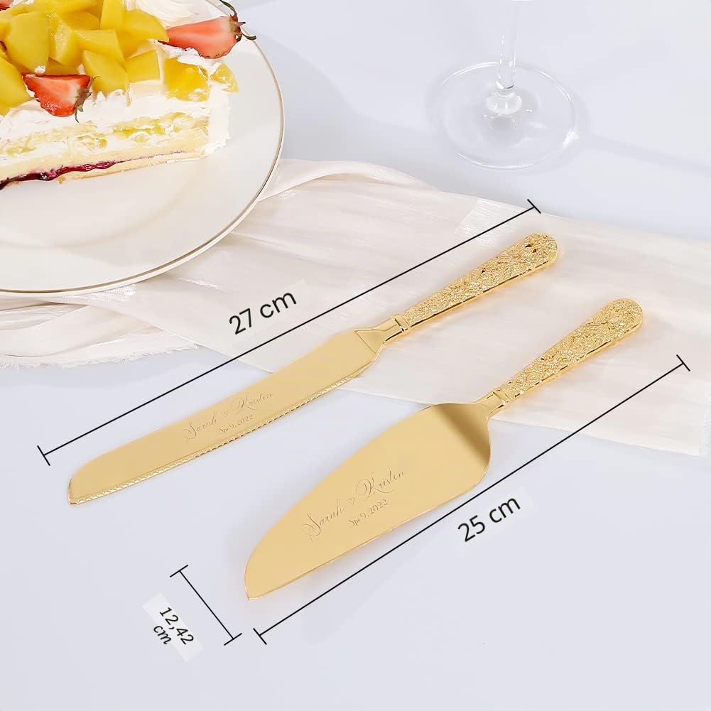 Juego de Cuchillo y Servidor para Pastel de Bodas de Oro, Personalizado Conjunto de Corte de Pastel, Juego de Cortador de Pastel para Servir, Perfecto para Cumpleaños, Navidad, Fiestas (Flor)