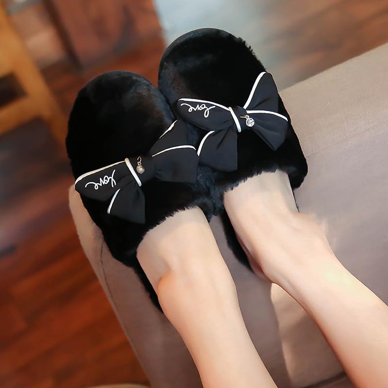 HAOZAIKEJI Women Warm Bowknot Slippers Girl Fashion Flat Slippers Closed Toed Home Floor Slippers Soft Non-Slip Sweet Warm Footwear2