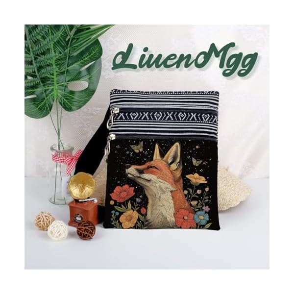 Floral Fox Messenger Bag Small Ethnic Pattern Printed Adjustable Strap Crossbody Zipper Bag Floral Fox Phone Bag Wallet Cute Shoulder Handbag for Women Friends -3 - Image 6