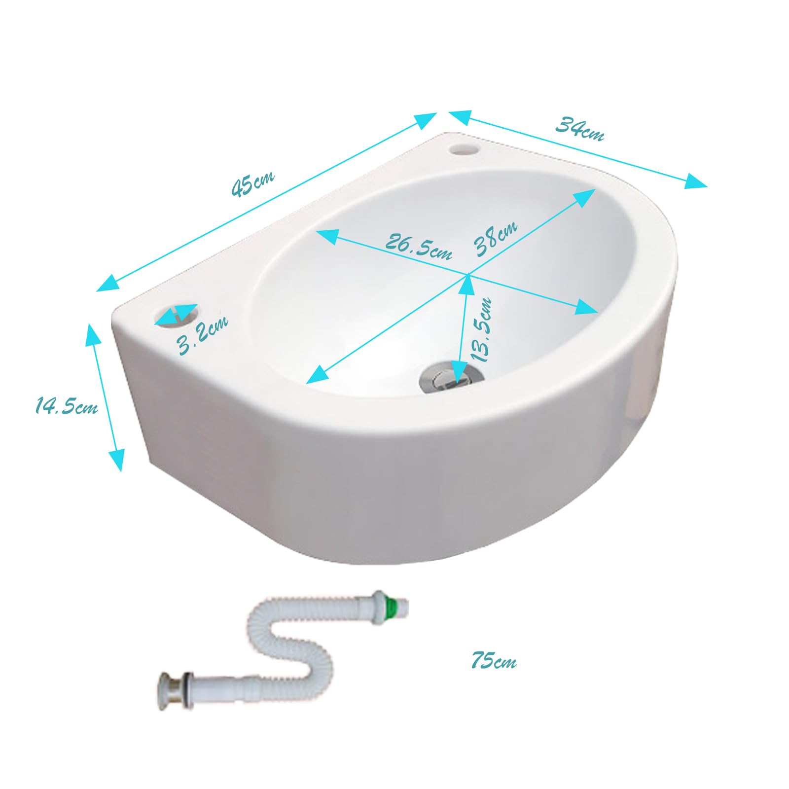 Lavello semicircolare, lavello di plastica con tubo di drenaggio, piccolo applicazione del lavello del bagno, uso interno ed esterno[Tubo di drenaggio della testa d'acciaio 75cm]