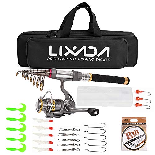Lixada Fishing Rod Reel Combo Carbon Fiber Telescopic Fishing Pole Spinning Reels Fishing Carrier Bag 100M Fishing Line Lures Hooks Jig Head Fishing Accessories for Travel Fishing