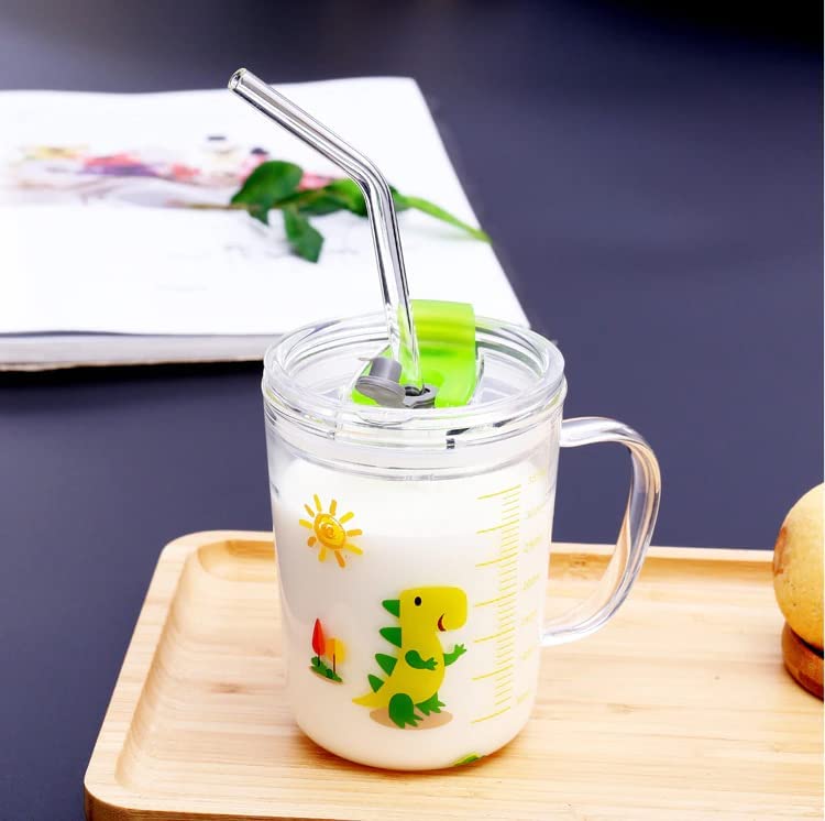 Image of WEZOSHINET Transparent Coffee Mug with Lid Glass Mug with Handle and Straw for Milk Coffee Tea Juice Leak Proof Light Weight Printed Glass Mug for Kids Ideal for Birthday Gifts Home (Pack of 1)