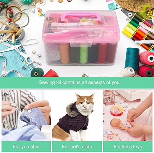 Sewing Kit, BiaoGan Portable Sewing Kit Box, Premium Sewing Supplies for Adult, Beginner, Starter, Travel, Professional Sewing Accessories with Storage Box (Pink)