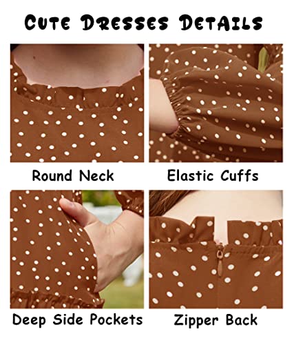 Ferlema Girl's Long Sleeve Polka Dot Loose Casual Holiday Long Midi Dress With Pockets 8 Years Brown #TOP7