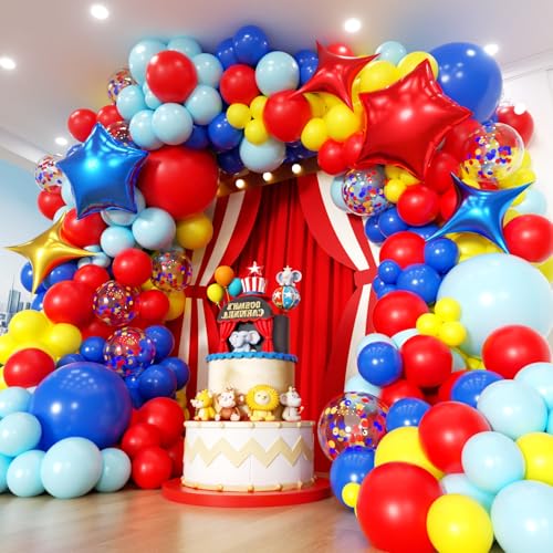 PTGOLUO Carnival Circus Balloon Garland Arch Kit 153pcs with Star, Red Blue Yellow Primary Color Balloons Rainbow Multicolor Confetti Balloons for Birthday Circus Theme Carnival Party Theme Decoration