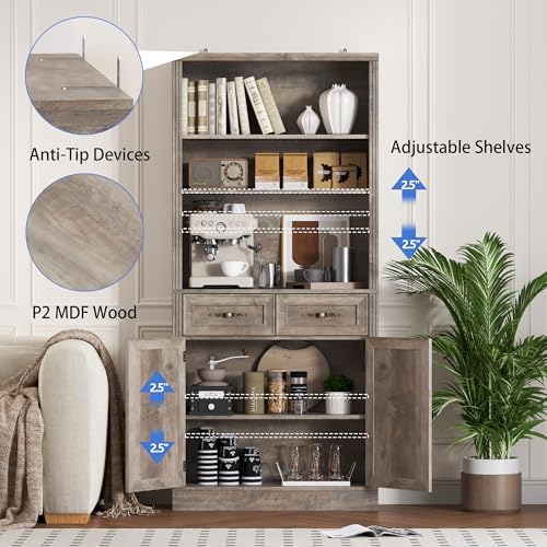 Image of BORNOON 70.1 inch Tall Bookshelf with Drawers & Cabinet, 5-Tier Floor Standing Bookcase with Storage Doors, Adjustable Shelves & Metal Handles, 31.5 inch Wide Organizer for Home Office, Living Room