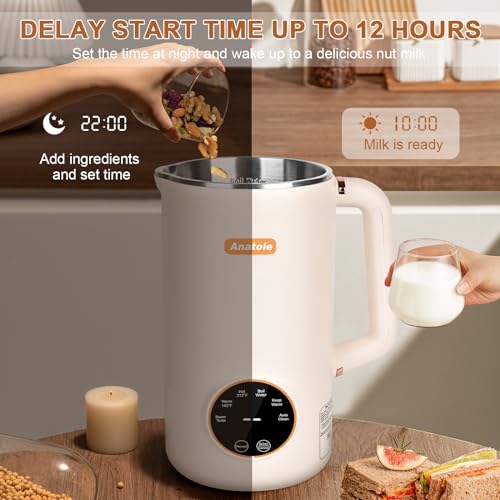 Anatole Nut Milk Maker 34oz 1000ml Cold Warm Hot Almond Milk Machine Soy Oat Cow Plant-Based Milk Blender Homemade Dairy-Free Juice Paste with 10 Stainless Steel Blades 12 Hours Timer Recipes - Thumbnail 5