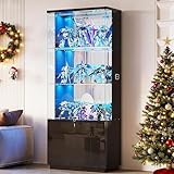Lvifur 71” Glass Display Cabinet with Lights, Modern Curio Cabinet Display Cases for Collectibles, Locking Cabinet with Shelves & Drawers, Tall Bookcase with Human Body Sensor for Living Room (Black)