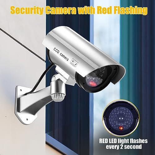 Dummy Security Camera, Fake CCTV Surveillance System Simulated Camera with Realistic 1 Red Flashing Lights and Warning Sticker Dome Camera for Indoor Outdoor
