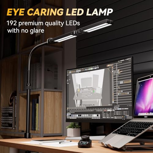 Image of Adjustable LED Desk Lamp with Clamp, 4-Head Eye-Caring CRI95+ Desk Light, Stepless Dimming & Color Temp Remote Control, Flexible Neck, 5-Mode for Reading, Computer, Crafting, 90 inch Wide Desk Coverage