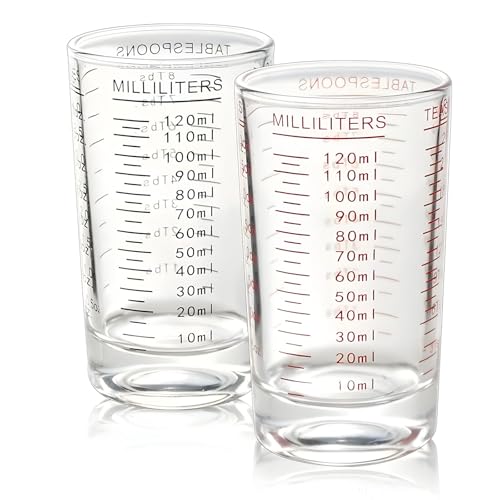 Forreen 2 Piezas Taza Medidora de Vidrio con Escala Pequeños Resistente al Calor Vaso Medidor Fiable Pared Gruesa Transparente Vasos de Chupito Perfecto para Hornear, Cocinar y Mezclar (120ml)
