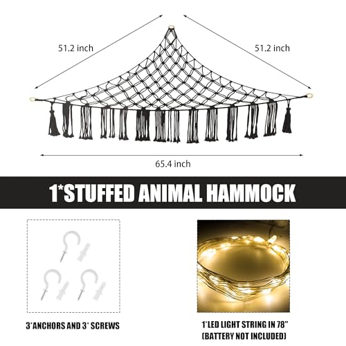 Image of CERETIA Stuffed Animal Hammock with LED Light, Large Stuffed Animals Storage Corner Plushie Net for Kids Room Decor, Jumbo Black