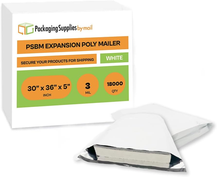 PSBM 36000 PCS 10 x 13 Inch White Expansion Poly Mailer, Self Seal Expandable Gusseted Shipping Envelope, Ideal for Packing and Shipping Cloths, Documents, Books, Gifts, Jewelry and More