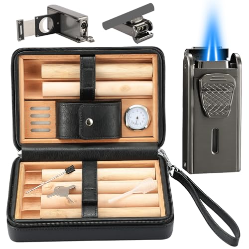 Leather Cedar Wood Case and Double Jet Flame Torch Lighter Set Holds 6 Units Built-in Cutter Punch and Holder Function Draw Enhancer Tool Travel Box with Hygrometer.