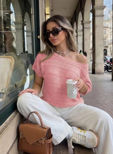 Image of Cakulo Womens Off The Shoulder Batwing Short Sleeve Crochet Tops 2026 Spring Summer Sweater Top Knit Beach Cover Up