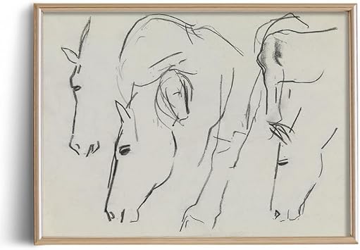 Horse Drawing Etching Rustic Gray Picture - Beige Pony Equestrian Equine Print Poster - Vintage Farmhouse Horse Wall Art - Grey Neutral Animal Sketch - Minimalist Mid Century French Country Room Decor