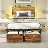 Forestell Twin Bed Frames with Wood Headboard, Metal Platform Bed with 2 Storage Drawers & Shelf, Built in Charging Station & LED Lights, No Box Spring Needed, Vintage Brown, Camas Twin Size