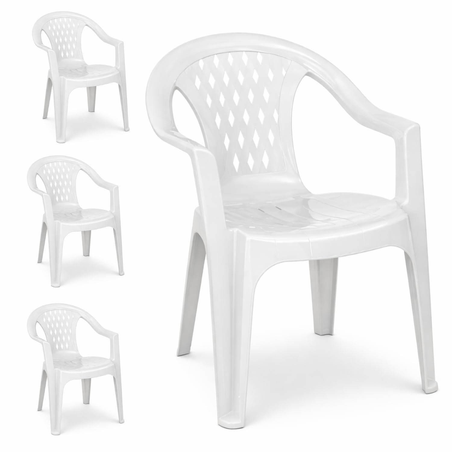 VIRSUS Set 4 Sedie da Giardino in Polipropilene di colore BIANCO, misura 57x61,​5x79 cm, Sedia Impilabile, Schienale Basso con Rombi e Braccioli per Esterno ed Interno, Made in Italy -​LYR508F