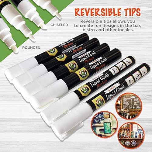 White Liquid Chalk Markers - 6 Pack With Both 6mm & 3mm Reversible Fine Tips | Chalkboard Safe Dustless Wet Erase Paint Pens | Blackboard, Glass & Windows, Bistro & Restaurant Menu Board Use, Kids Art