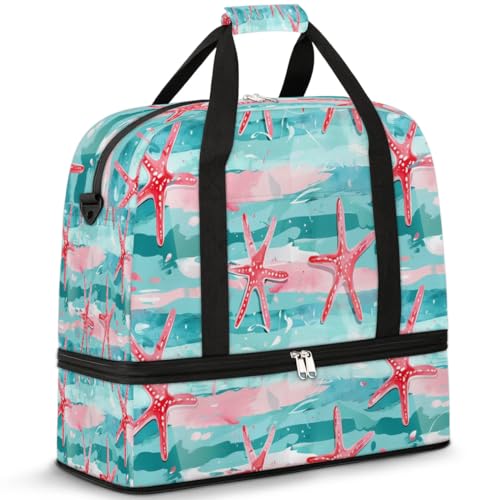 Travel Duffel Bag with Shoe Compartment, Pink Starfish Stripes Shoulder Weekender Bags for Women, Foldable Waterproof Travel Bag Carry on Bag