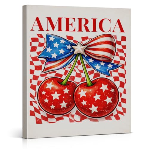 XIPLUM Cherry America Coquette USA Poster Painting Wall Decor 4th of July Patriotic Canvas Wall Art Retro America Checkered Picture for Home Living Room Decorations, 8x10 Inch