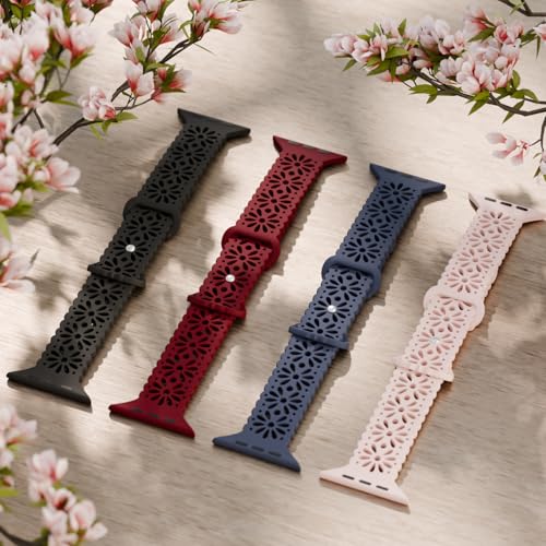Image of 4 Pack Slim Lace Silicone Bands Compatible for Apple Watch 38mm 40mm 41mm 42mm 44mm 45mm 46mm 49mm, Thin Hollow-out Floral Breathable Strap for iWatch Series 11 /10 /9 /8 /7 /6 /5 /4 /3 /2 /1Ultra SE Women Men