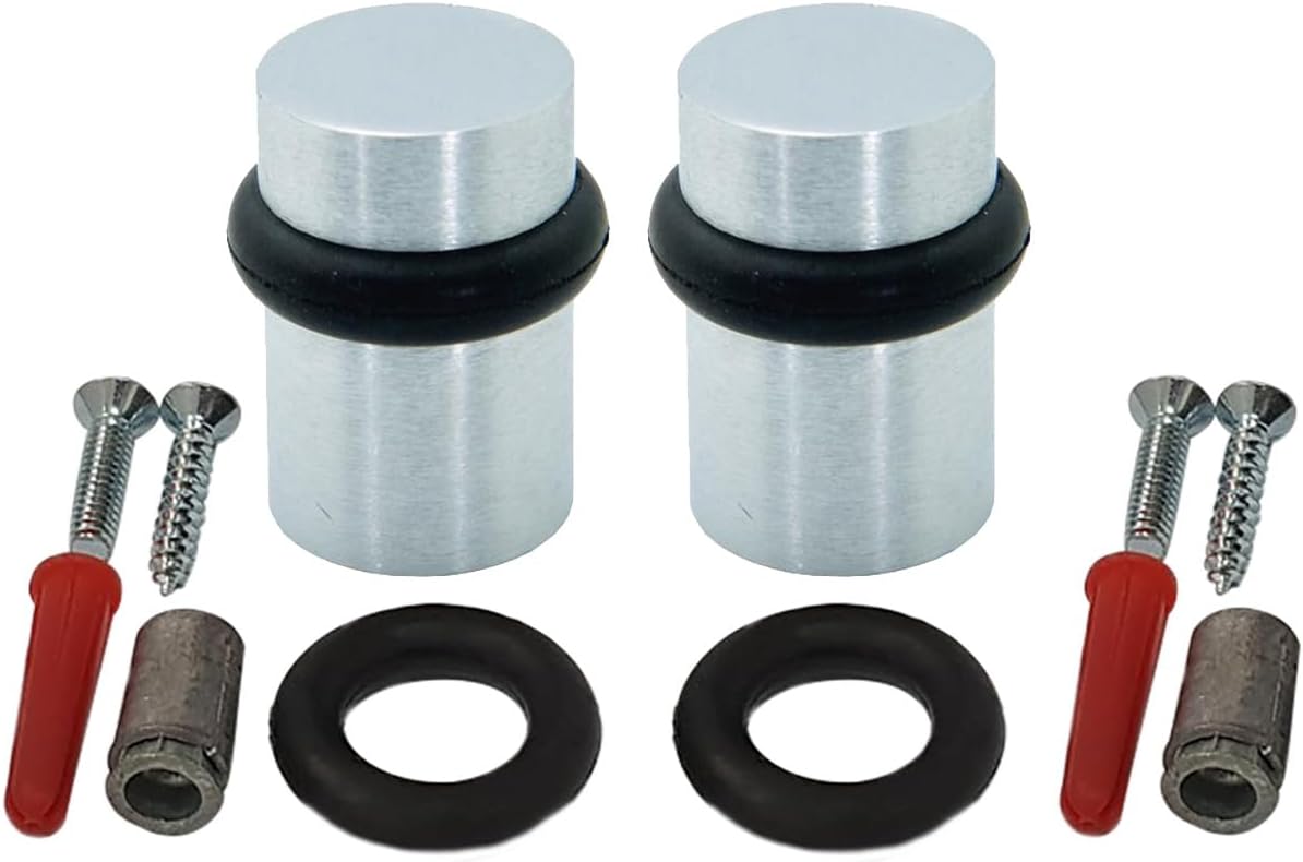 QCAA Cylindrical Floor Mount Door Stop, Height 1-1/2", Solid Brass, Satin Chrome, Made in Taiwan, 2 Pack