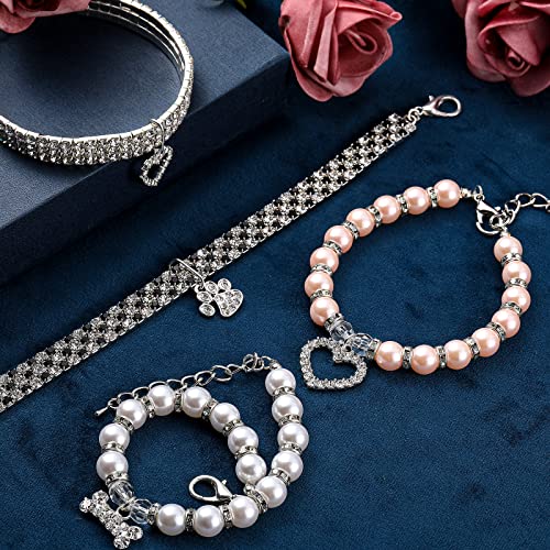 4 Pcs Pearl Dog Collar Necklaces Small Dogs Cats Rhinestones Collar Necklace Set, Crystal Pet Puppy Dog Necklace Adjustable Dog Jewelry For Pet Small Girls Cats (Small, Paw Style) #TOP6