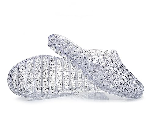 Image of Womens Jelly Shoes, White Jellies Sandals Glitter Clear Flats Slip On Summer Beach Slippers Transparent Closed Toe Soft Slide