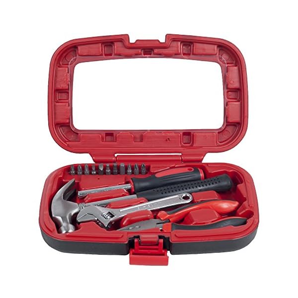Home-Improvement-Tool-Kit-15-Piece-Household-Hand-Tools-Essentials-Set-in-Durable-Plastic-Carrying-Case-for-Home-Office-and-Car-by-Stalwart-Red