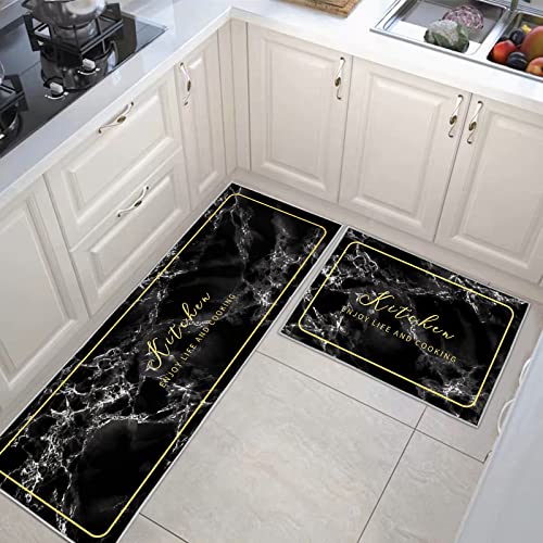 Black Kitchen Rugs and Mats Sets of 2 Pieces Funny Kitchen Decoration Non Slip Super Absorbent Kitchen Mat Runner Rug for Sink, Kitchen, Hallway, Laundry Room (Black Marble, 40x120cm+40x60cm)