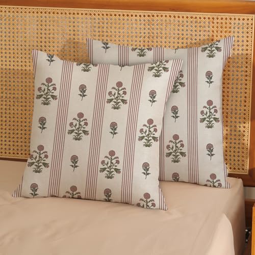Pink Sage Green Pillow Covers 18x18 Inch Set of 2 Vintage Block Print Floral Throw Pillows Striped Flower Boho Decorative Pillow Cases Linen Outdoor Accent Linen Cushion Cover for Couch Sofa Bed by JEFERSO - Used condition - Image 3
