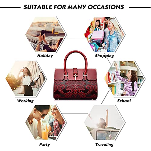 Cowhide Leather Floral Bucket Bag For Women Designer Retro Embossing Handbag Ladies Top Handle Satchel Crossbody Shoulder Bag (Red) #TOP6