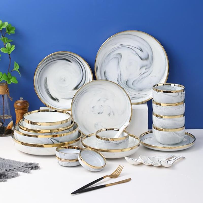 Vajilla de cerámica Bandeja de cena de porcelana con diseño de mármol gris con borde dorado de doble cara, platos de cocina, platos de comida de cerámica, tazón de fideos para ensalada de arroz ( Colo