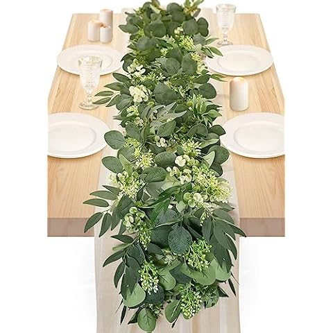 IWNTWY 6Ft Eucalyptus Garland, Upgrade Bushy Artificial lvy Greenery Vines with Flower Gypsophila Willow Leaves for Home Wedding Party Table Runner Centerpiece Decor Cover