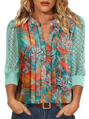 KISSMODA Vibrant Leaf Print Blouse Notch V Neck with Lace