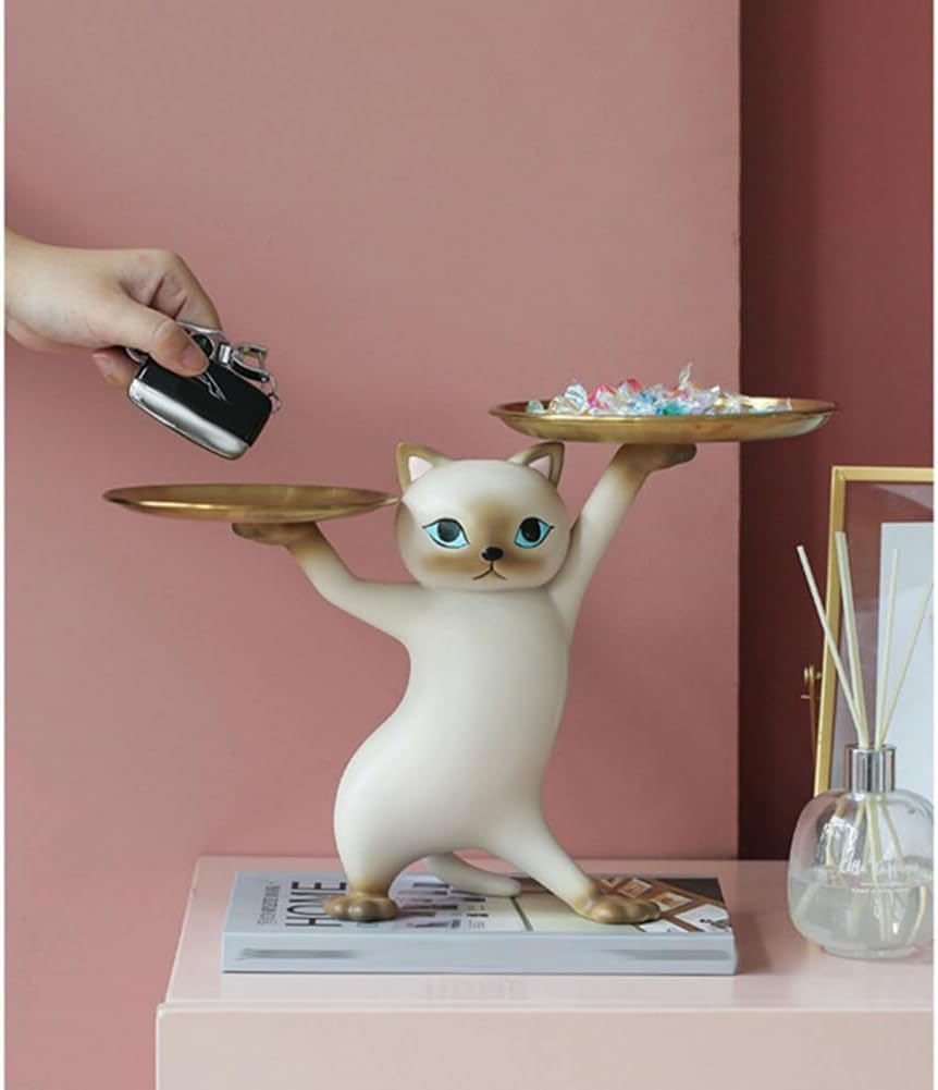 Resin Cartoon Cat Sculpture with Metal Tray Animal Statue Figurine Storage Tray Key Tray Sundries Candy Container Nut Tray Double Tray for Home Desk Decor Gift (Gray)