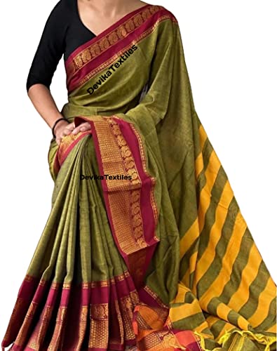 Image of Narayanpet Pure Cotton Saree With Running Blouse piece For womens (Mehandi)