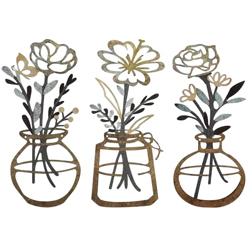 Luckinds Metal Flower Wall Art 3 Pieces, Rustic Farmhouse Decor Wall Decor, Metal Wall Sculptures Hanging for Kitchen Bathroom living room (Brown)