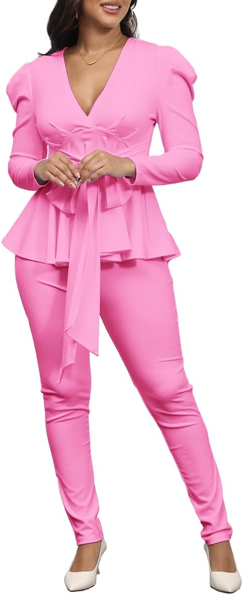 Remelon 2 Piece Outfits for Women Blazer with Pants Deep V Long Sleeve Slim Fit Ruffle Pelplum Business Suit - Image 5