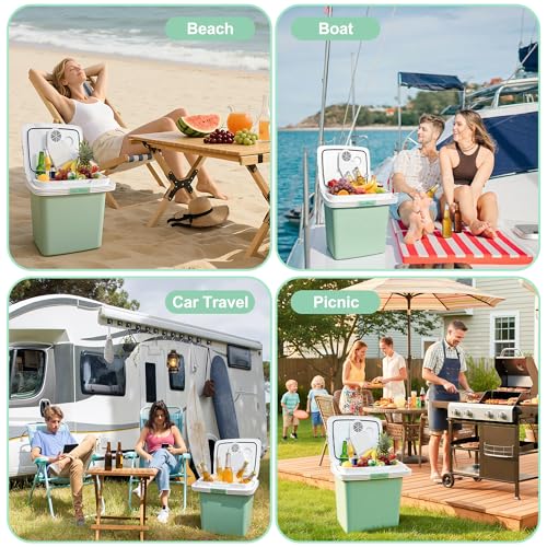 Image of Electric Cooler, 26 Liter Mini Fridge with Automatic Locking Handle (Green) | Large Capacity Car Refrigerator, Dual-use Car Fridge, Portable Car Cooler for Picnic, Travel, Outdoor, Camping, Home, Gift
