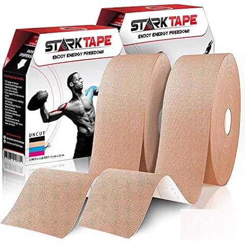 Starktape Kinesiology Tape - Professional 2 Pack Bulk Physio Rolls Sports Tapes for Sensitive Skin. K Physical Therapy Tape for Knee, Shoulder, Ankle, Wrist, Foot, Back Injury Muscle Pain aid - Beige Cover
