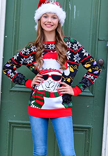 Men Women Ugly Christmas Sweater Holiday Party Xmas Sweater Family Santa Alpaca Llama Glass Snowflake Christmas Light Print Casual Knitted Black Pullover Christmas Jumper #TOP1