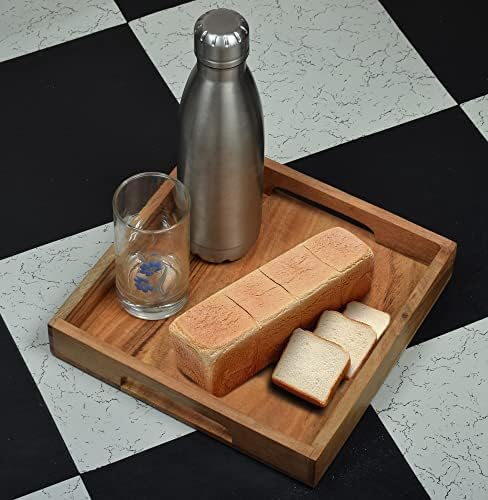 Samhita Acacia Wood Serving Tray with Handles,Wooden Serving Tray, Snack Tray , Breakfast Tray, Great for, Breakfast, Coffee |Size- 25.4cm x 25.4cm x 4.06cm
